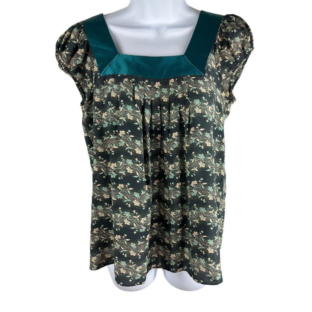 Searle 100% Silk Green Floral Short Cap Sleeve Pullover Top M